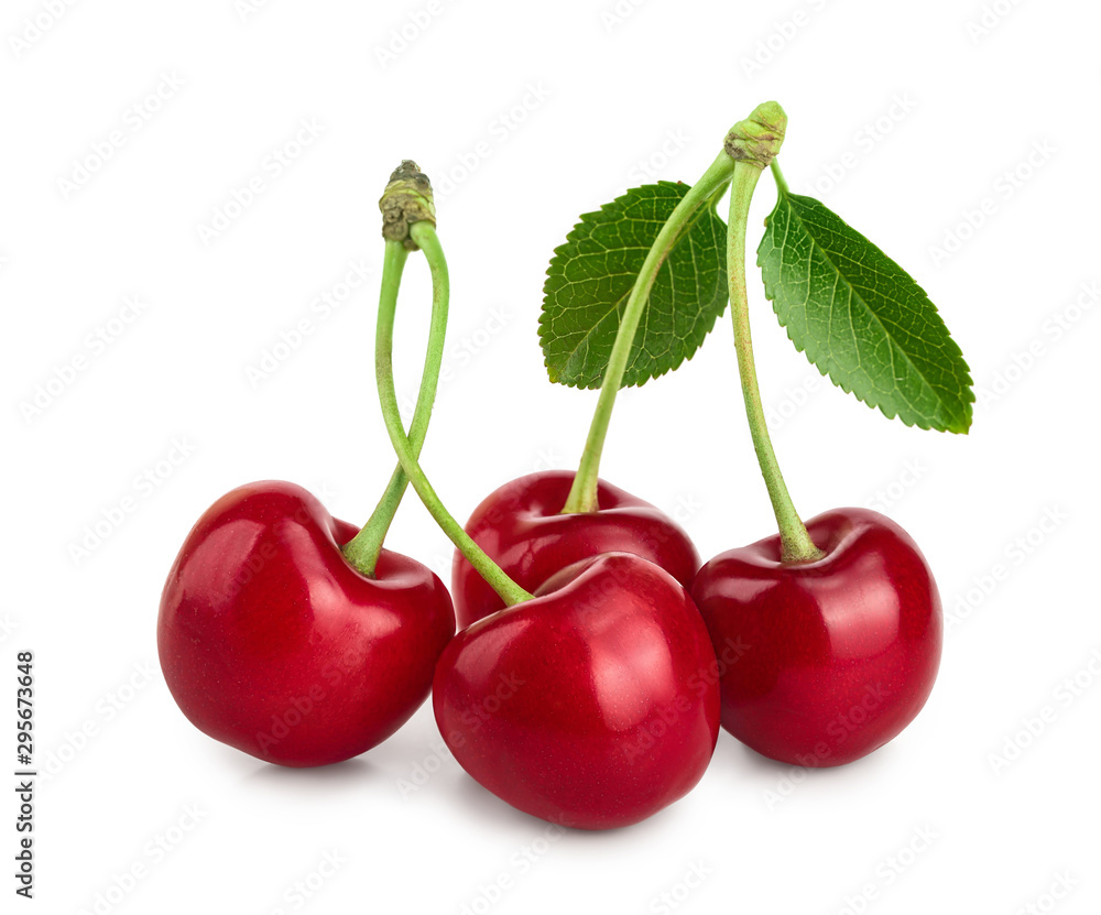 Some cherries with leaf closeup isolated on white background Some cherries with leaf closeup isolated on white background