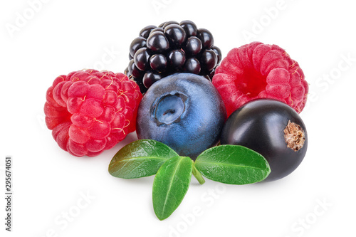mix of blackberry blueberry raspberry black currant with leaf isolated on white background.