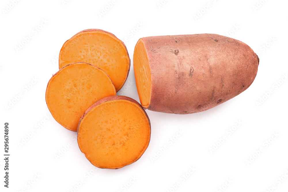 Sweet potato isolated on white background closeup. Top view. Flat lay. Sweet potato isolated on white background closeup. Top view. Flat lay.