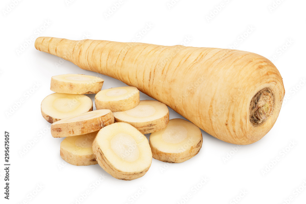 Parsnip root and slices isolated on white background closeup Parsnip root and slices isolated on white background closeup