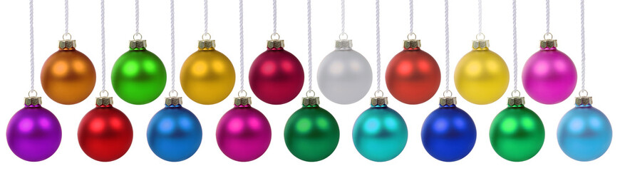 Christmas balls baubles banner hanging isolated on white