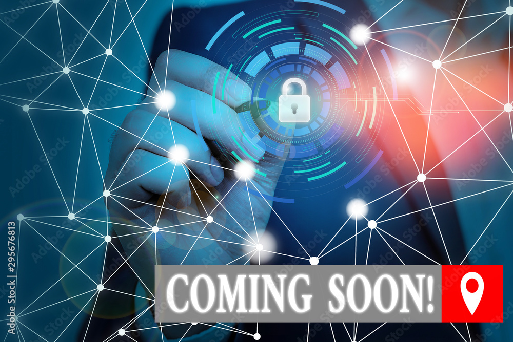Obraz premium Conceptual hand writing showing Coming Soon. Concept meaning event or action that will happen after really short time Picture photo system network scheme modern smart device