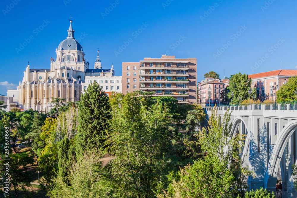 View of Catedral Nuestra Senora de la Almudena and the Viaduct in Madrid, Spain
