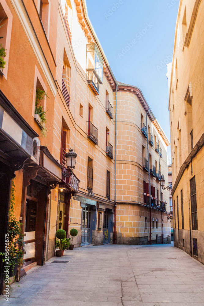 Narrow street in the center of Madrid, Spain