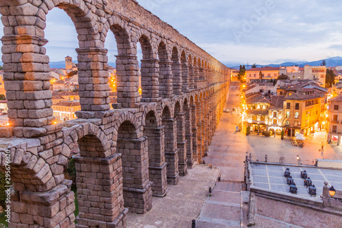 Evening view of Roman Aqueduct in Segovia, Spain