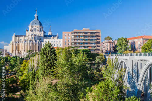 View of Catedral Nuestra Senora de la Almudena and the Viaduct in Madrid, Spain