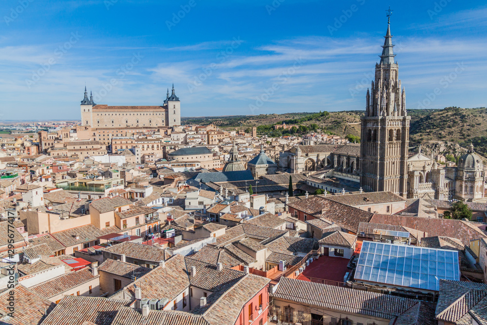 Aerial view of Toledo, Spain. Alcazar palace and the cathedral visible.