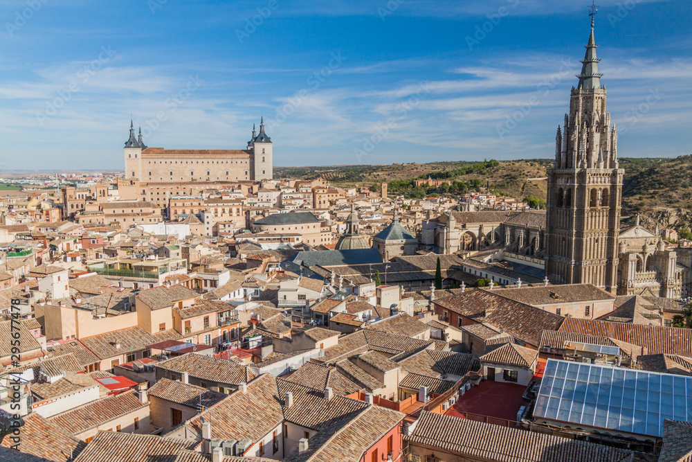 View of Alcazar fortress and the cathedral in Toledo, Spain