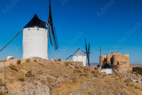 Windmills and castle in Consuegra village, Spain
