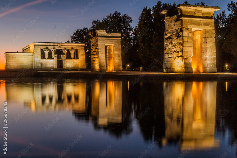 Evening view of the Templo de Debod in Madrid, Spain