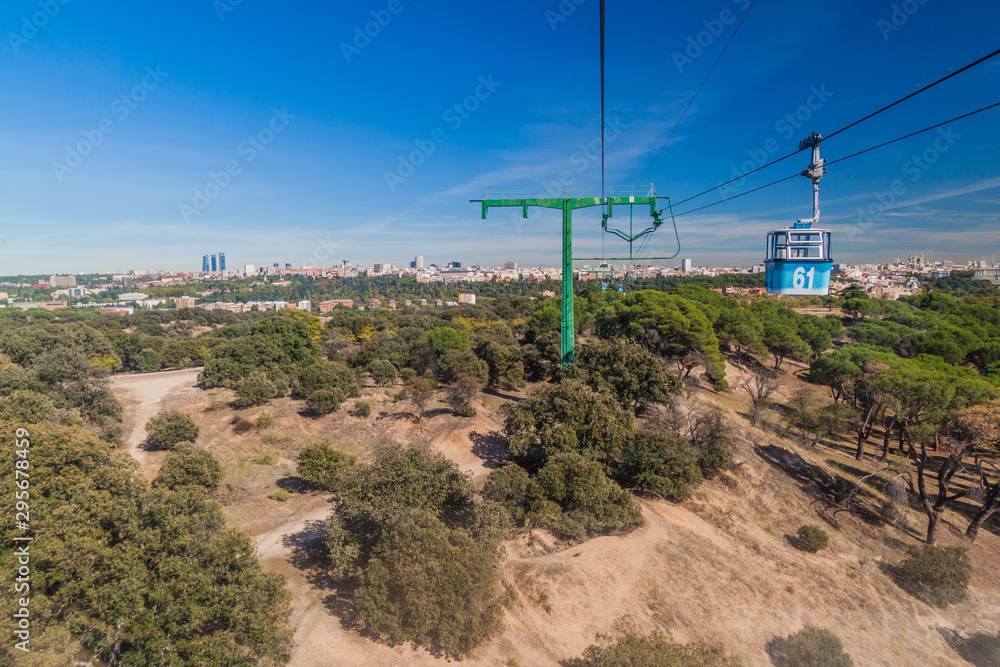 Casa de Campo park in Madrid viewed from Madrid Cable Car, Spain