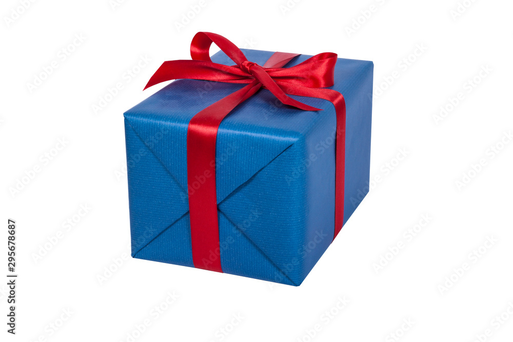 Blaues Weihnachtsgeschenk mit roter Schleife als Freisteller Blaues Weihnachtsgeschenk mit roter Schleife als Freisteller