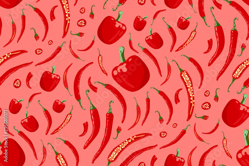 Vector seamless pattern with peppers (chilli and bell peppers) on a pastel background in a trendy red color. Seamless Botanical pattern. Vegetable collection. Minimalistic modern backdrop.