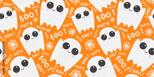Vector pattern with cute cartoon ghosts on orange background. Festive Halloween template, print. Funny phantoms, spider web, congratulatory inscriptions. Creative design.