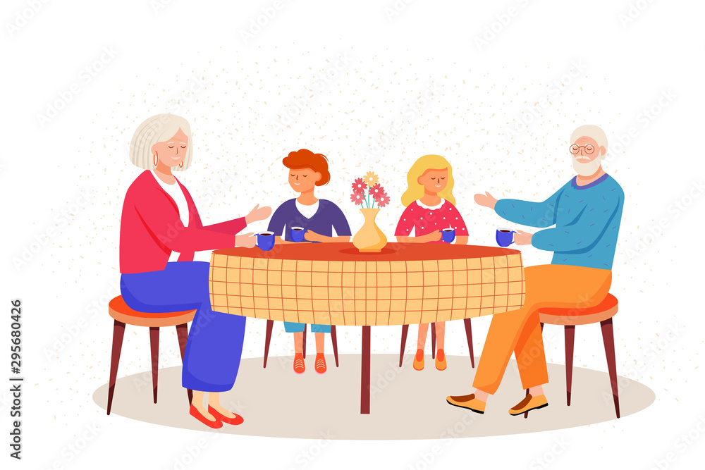 Retired people flat vector illustration. Children came to visit elderly relatives. Family pastime in dining room. Grandparents drink tea with kids cartoon characters