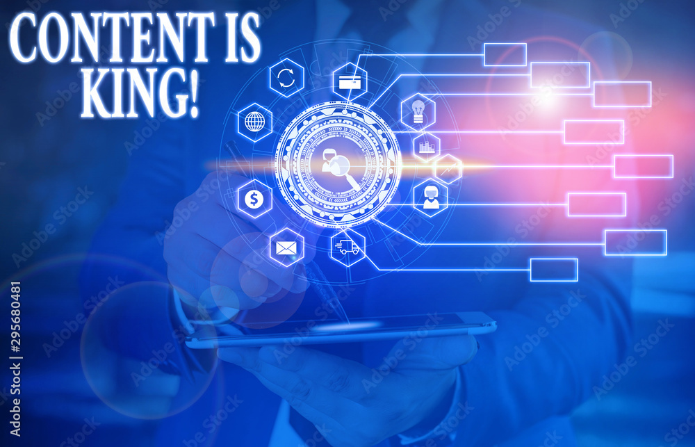 Text sign showing Content Is King. Business photo text marketing focused growing visibility non paid search results Picture photo system network scheme modern technology smart device Text sign showing Content Is King. Business photo text marketing focused growing visibility non paid search results Picture photo system network scheme modern technology smart device