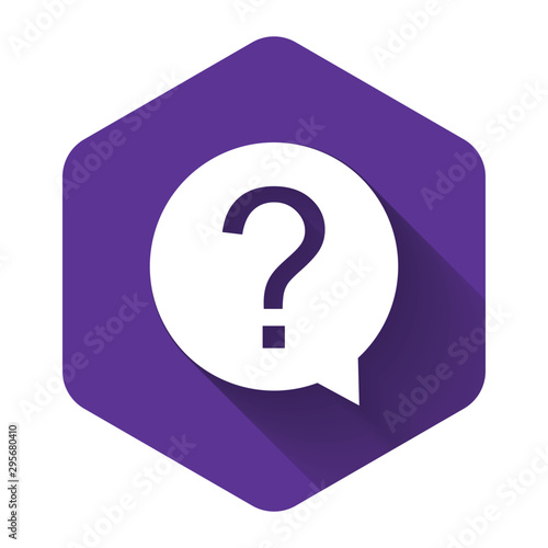White Question mark in circle icon isolated with long shadow. Hazard warning symbol. Help symbol. FAQ sign. Purple hexagon button. Vector Illustration