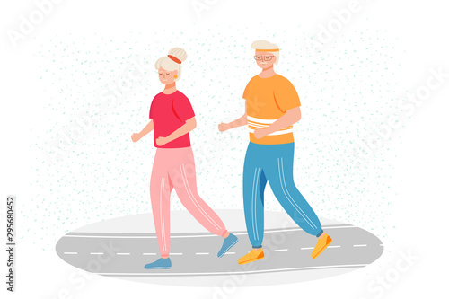 Retired people training flat vector illustration. Physical activity. Healthy lifestyle. Old couple in tracksuits are running outdoor. Active pensioners cartoon characters