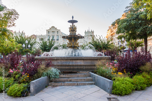 Fountain at Plaza Navarra square in Huesca, Spain.