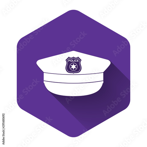 White Police cap with cockade icon isolated with long shadow. Police hat sign. Purple hexagon button. Vector Illustration