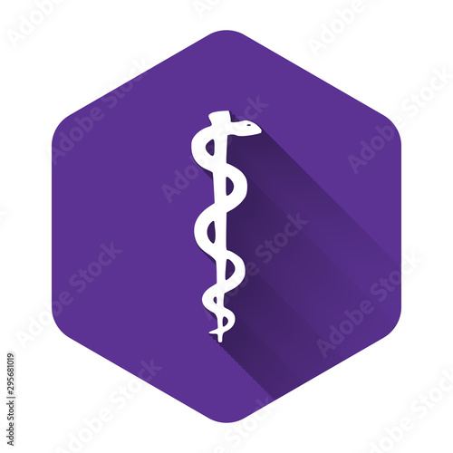 White Rod of asclepius snake coiled up silhouette icon isolated with long shadow. Emblem for drugstore or medicine, pharmacy snake symbol. Purple hexagon button. Vector Illustration