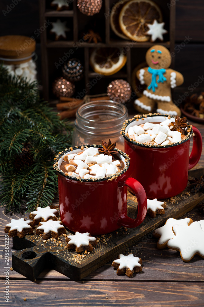 cozy winter drink hot chocolate on a wooden background, vertical