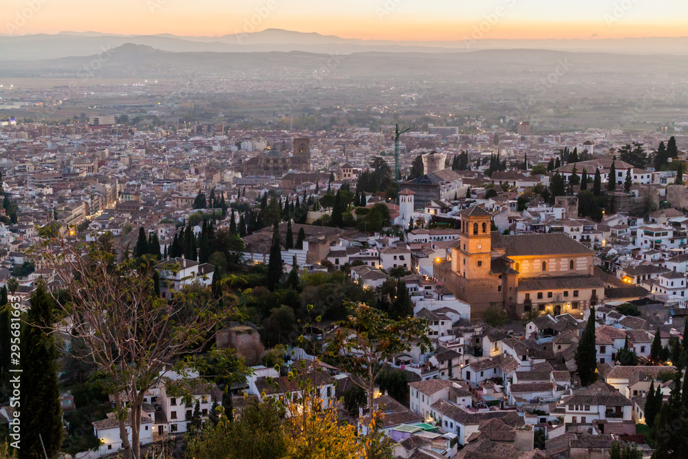 Aerial view of Granada during the sunset, Spain. Salvador church visible.