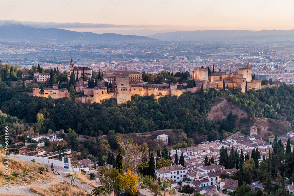 Alhambra in Granada during the sunset, Spain