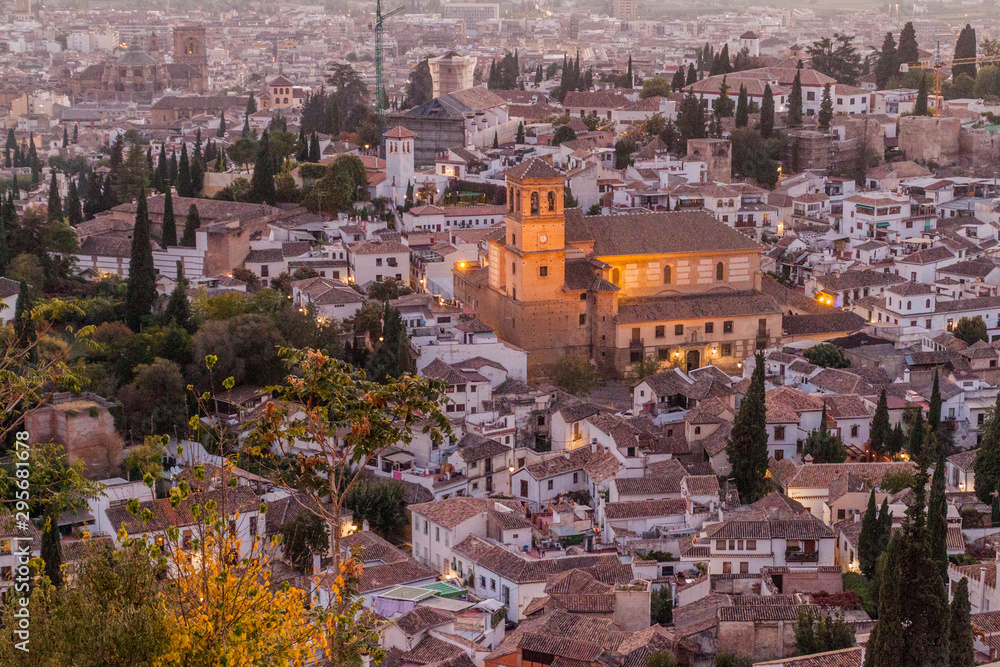 Obraz premium Aerial view of Granada with Salvador church during the sunset, Spain.