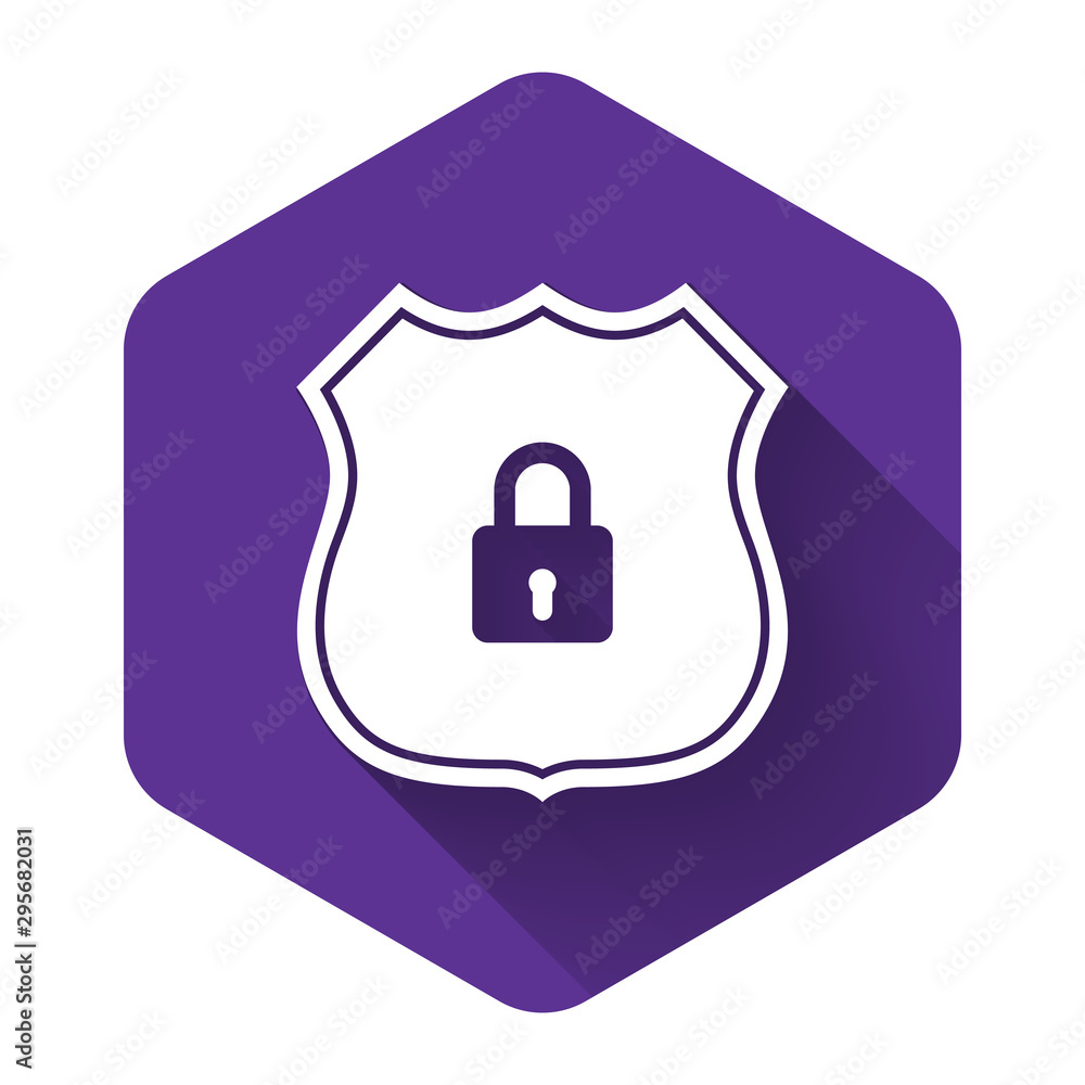 White Shield security with lock icon isolated with long shadow. Protection, safety, password security. Firewall access privacy sign. Purple hexagon button. Vector Illustration White Shield security with lock icon isolated with long shadow. Protection, safety, password security. Firewall access privacy sign. Purple hexagon button. Vector Illustration