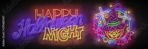 Glow Halloween Greeting Card with Witch Pumpkin, Crosses, Bats and Inscription