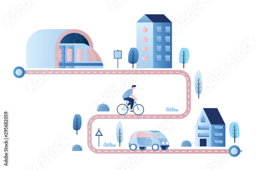 Various city transport. Subway, car and male on bike. Modern buildings and plants. Transportation background template