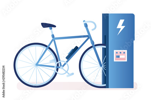 Modern electric bike and charging station. Green technology concept. Eco vehicle in trendy style.