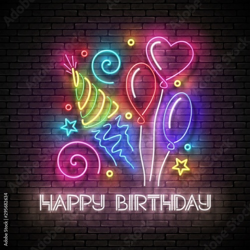 Glow Greeting Card with Different Balloons, Holiday Hat, Confetti and Happy Birthday Inscription