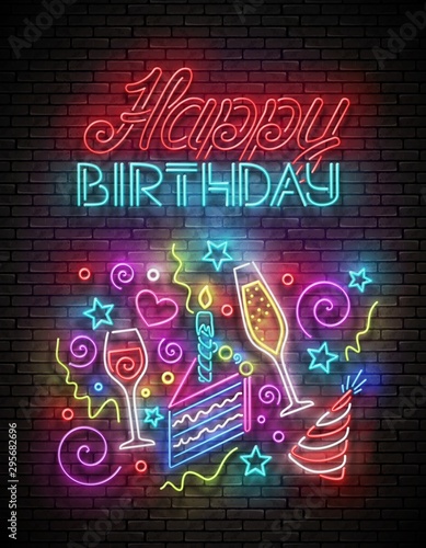 Greeting Card with Piece of Cake, Champagne, Confetti and Happy Birthday Inscription