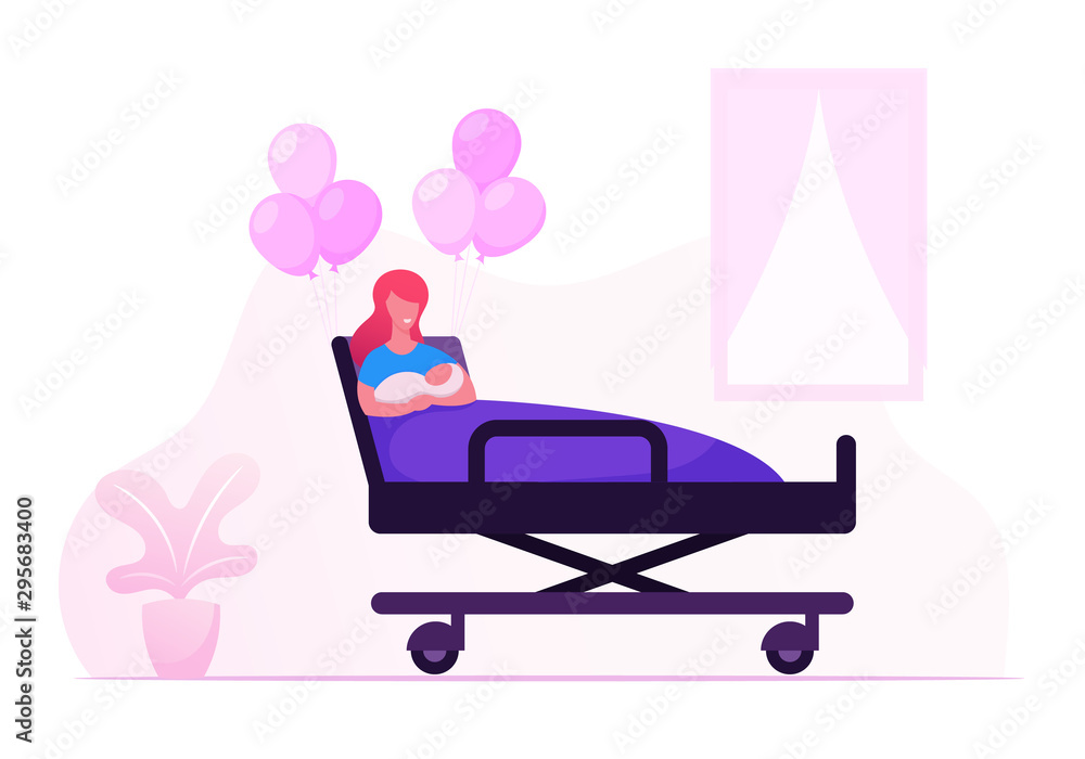 Happy Woman Holding Newborn Baby on Hands in Chamber of Maternity Hospital.  Delivery Childbirth Clinic Room with Mother and New Born Child Lying in Bed  with Balloons Cartoon Flat Vector Illustration Stock