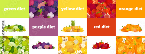 Banner with a vegan diet. Colored food for every day. Compositions and patterns of colorful vegetables and fruits. Vector illustration with color diet.