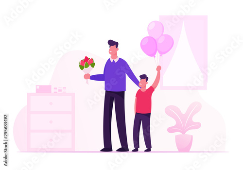 Happy Young Father with Flower Bouquet and Little Son with Balloons Bunch Stand in Hospital Room Meeting Mother and Newborn Baby from Chamber of Maternity in Clinic. Cartoon Flat Vector Illustration