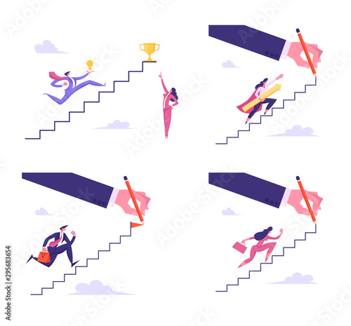 Set of Business Characters Running Up Hand Drawn Stairs, Business Man and Woman Aiming to Ladder Top for Success and Goal Achievement. Leadership Challenge Concept Cartoon Flat Vector Illustration