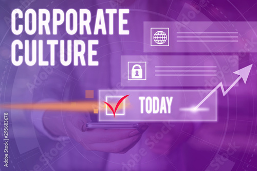 Conceptual hand writing showing Corporate Culture. Concept meaning pervasive values and attitudes that characterize a company Picture photo network scheme with modern smart device