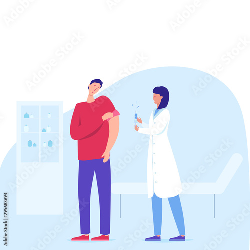 Time to Vaccinate. Man Patient Having Vaccine from Flu, Influenza, Virus Disease Shot Injection Concept. Flat Cartoon