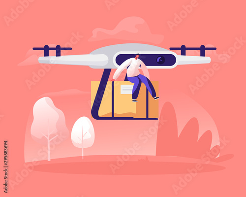 Tiny Male Character Sitting on Parcel Box Delivering with Drone by Air on Summer Landscape Nature Background. Futuristic Technologies in Post Mail and Shipping Service Cartoon Flat Vector Illustration