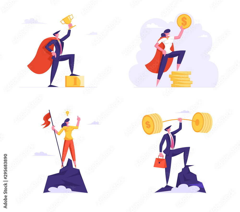 Set of Successful Business Characters Winners Holding Gold Trophy above Head Stand on Top of High Rock and Pedestal. Goal Achievement, Financial Profit and Wealth. Cartoon Flat Vector Illustration