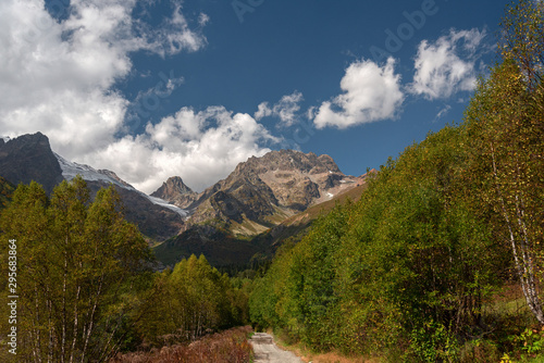 Mountain landscape with a blue sky with clouds surrounded by green trees, Dombay Caucasus