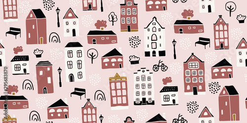 Seamless pattern, hand drawn scandinavian houses