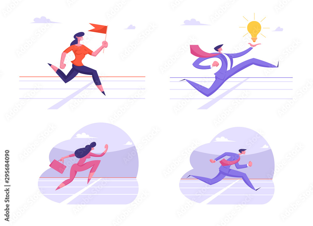 Set of Running Business Characters Crossing Finish Line on Stadium. Successful Leader Businessman and Businesswoman Leadership, Goal Achievement Corporate Competition. Cartoon Flat Vector Illustration
