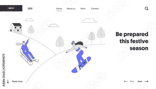 Happy People Enjoying Sledge and Snowboard Ride Website Landing Page. Wintertime Fun and Winter Outdoors Activity, Riding Sleds Downhills Web Page Banner. Cartoon Flat Vector Illustration, Line Art