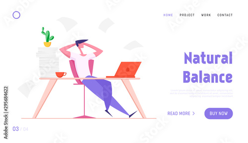 Businessman Resting Website Landing Page. Office Worker with Hands behind of Head Sit at Desk Doing Nothing or Taking Break from Work in Workstation Web Page Banner. Cartoon Flat Vector Illustration