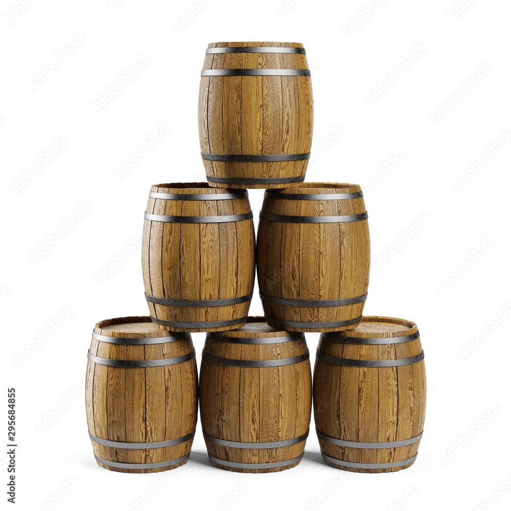 Wooden barrels stacked on a white background. Clipping path included, 3d illustration Wooden barrels stacked on a white background. Clipping path included, 3d illustration