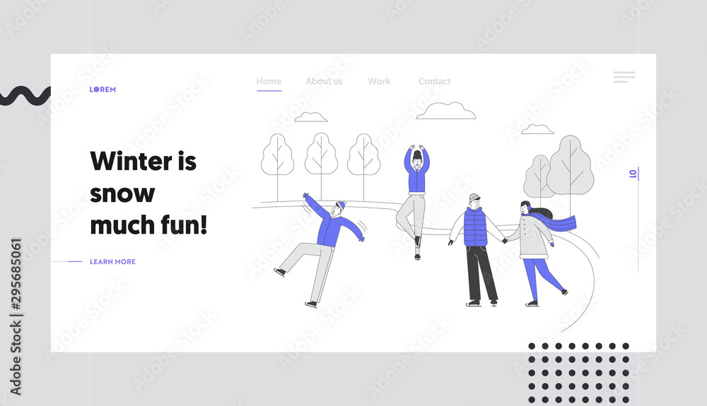 Winter Holidays Festive Season Family Spare Time Website Landing Page. Happy People Skating on City Park Ice Rink. Winter Activity and Sport Web Page Banner. Cartoon Flat Vector Illustration, Line Art